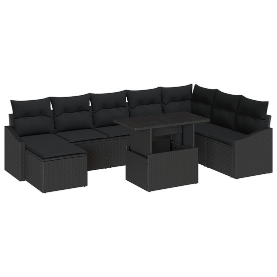 Ensemble de canapé de jardin de 9 pièces avec coussins en rotin poly noir