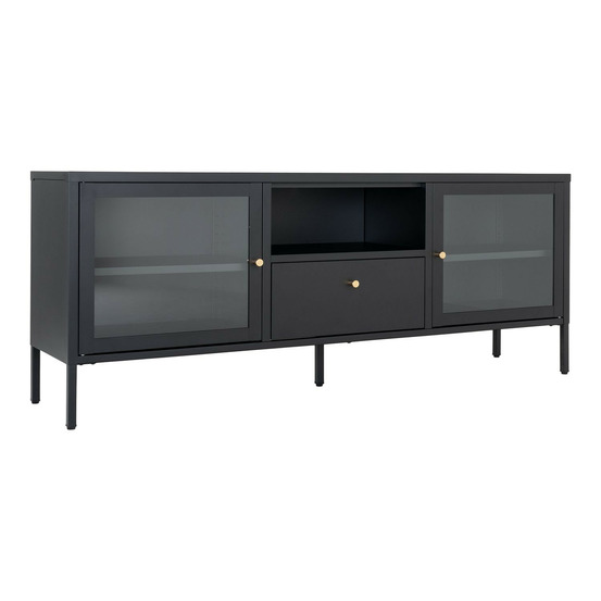 Console tv noire avec portes en verre et tiroir