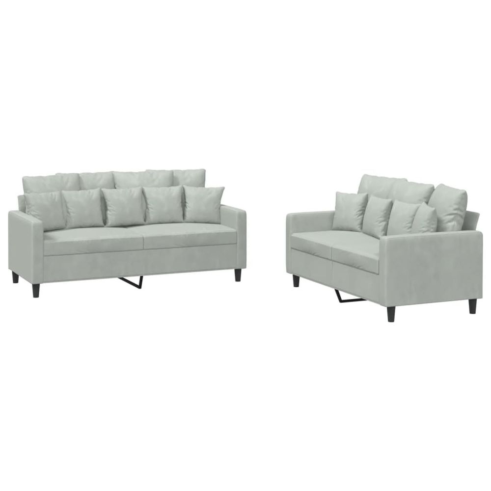 Ensemble de canapés 2 pcs avec coussins gris clair velours