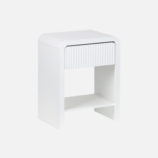 Table de chevet décor bois blanc rainuré 1 tiroir, 1 étagère