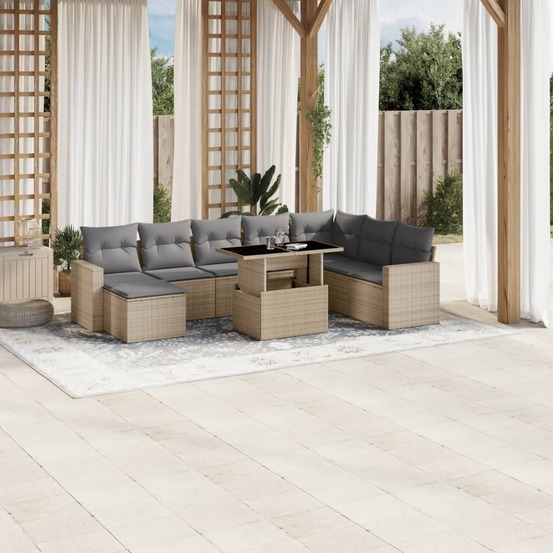 Salon de jardin avec coussins 9 pcs beige résine tressée