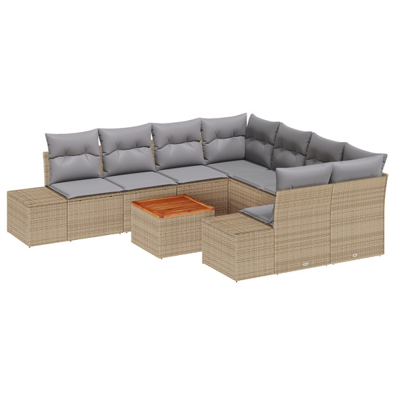 Ensemble de canapé de jardin 9 pièces avec coussins beige poly rotin acacia