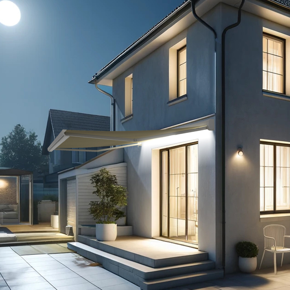 Store banne coffre intégral celeste 4,00x3,00 m (motorisé secours à télécommande + led - blanc satiné ral9010 - écru)