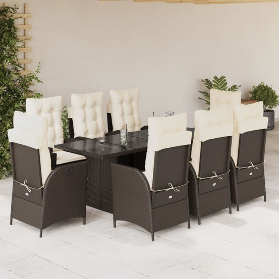 Ensemble à manger de jardin et coussins 9 pcs marron poly rotin
