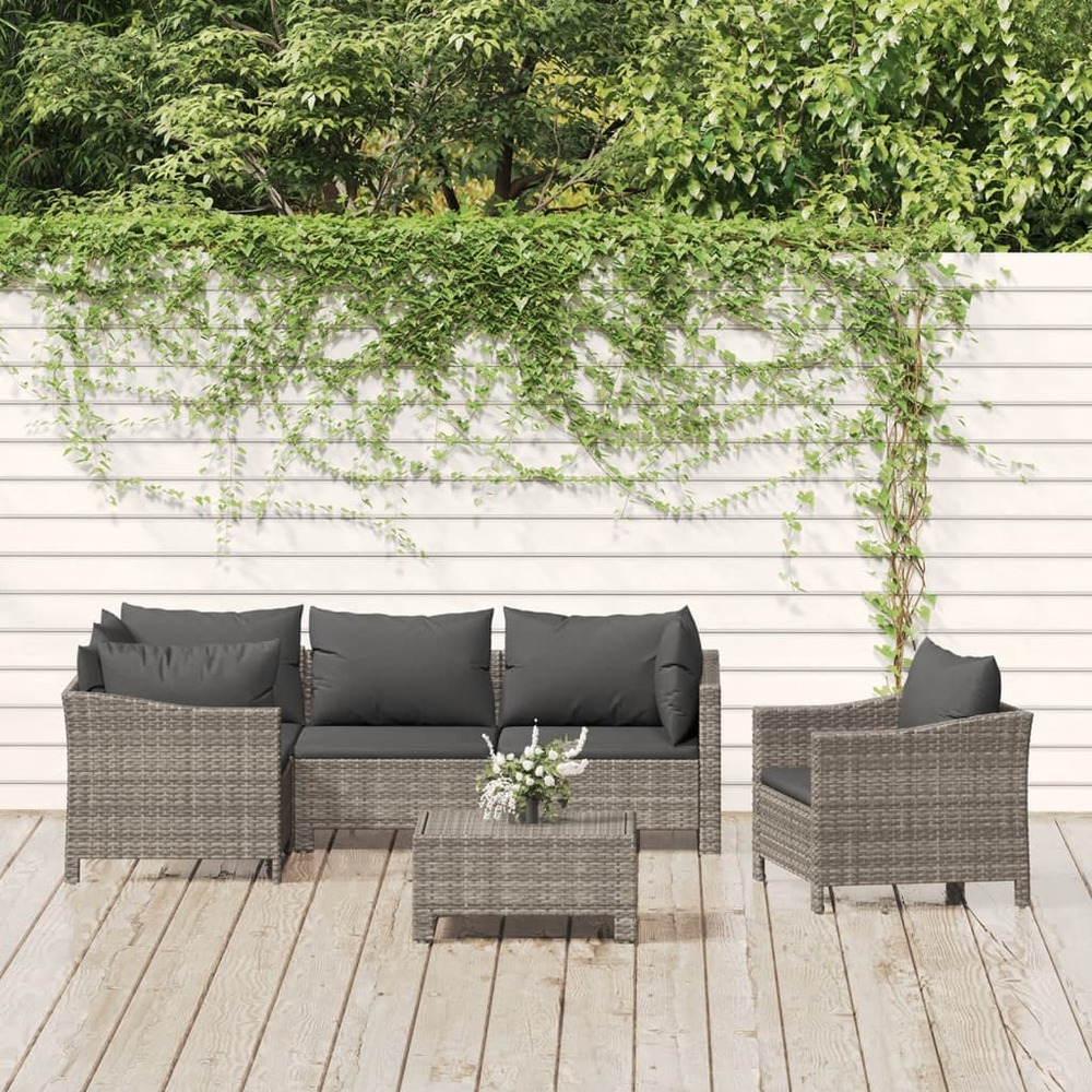Salon de jardin 6 pcs avec coussins gris résine tressée