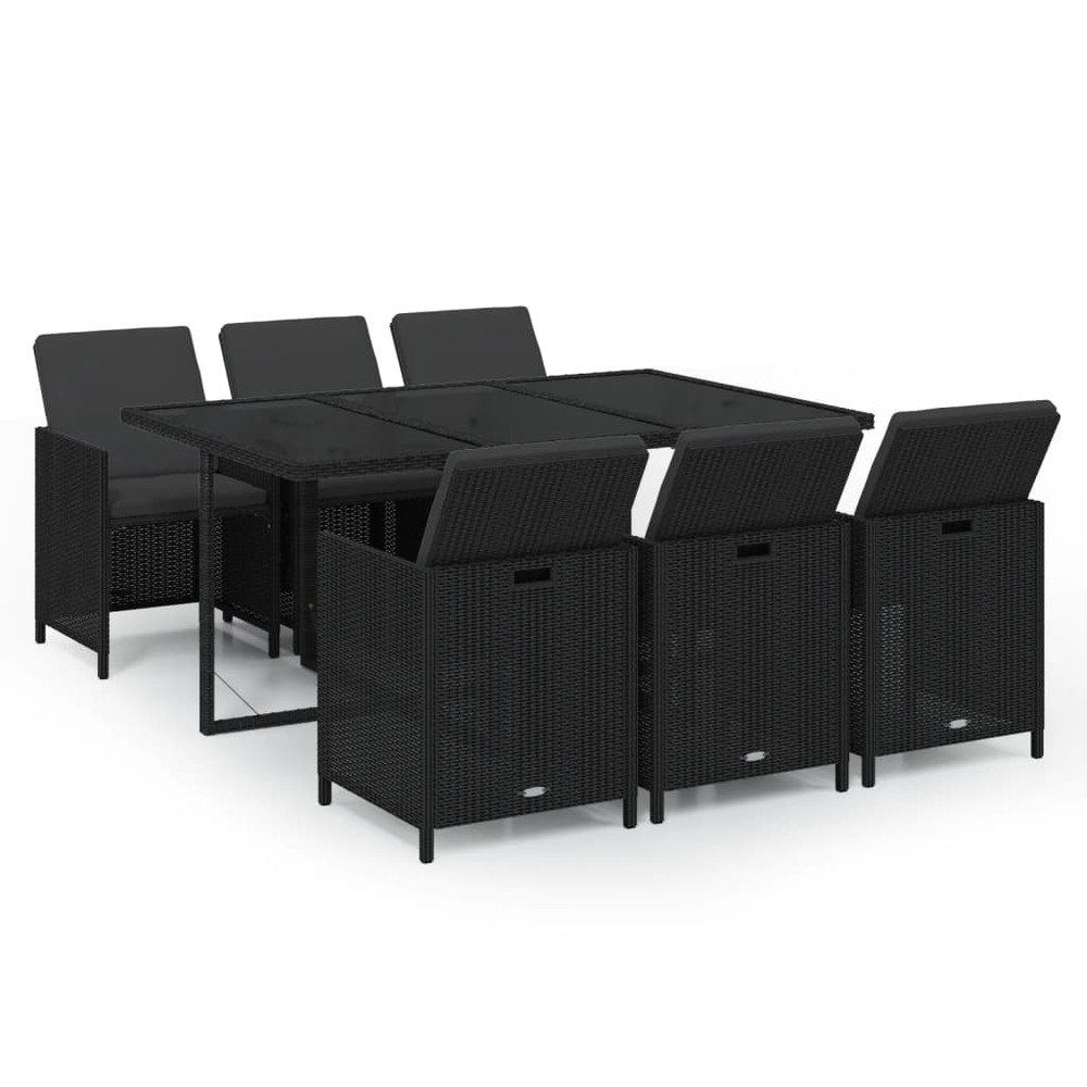 Mobilier à dîner de jardin et coussins 7pcs résine tressée noir