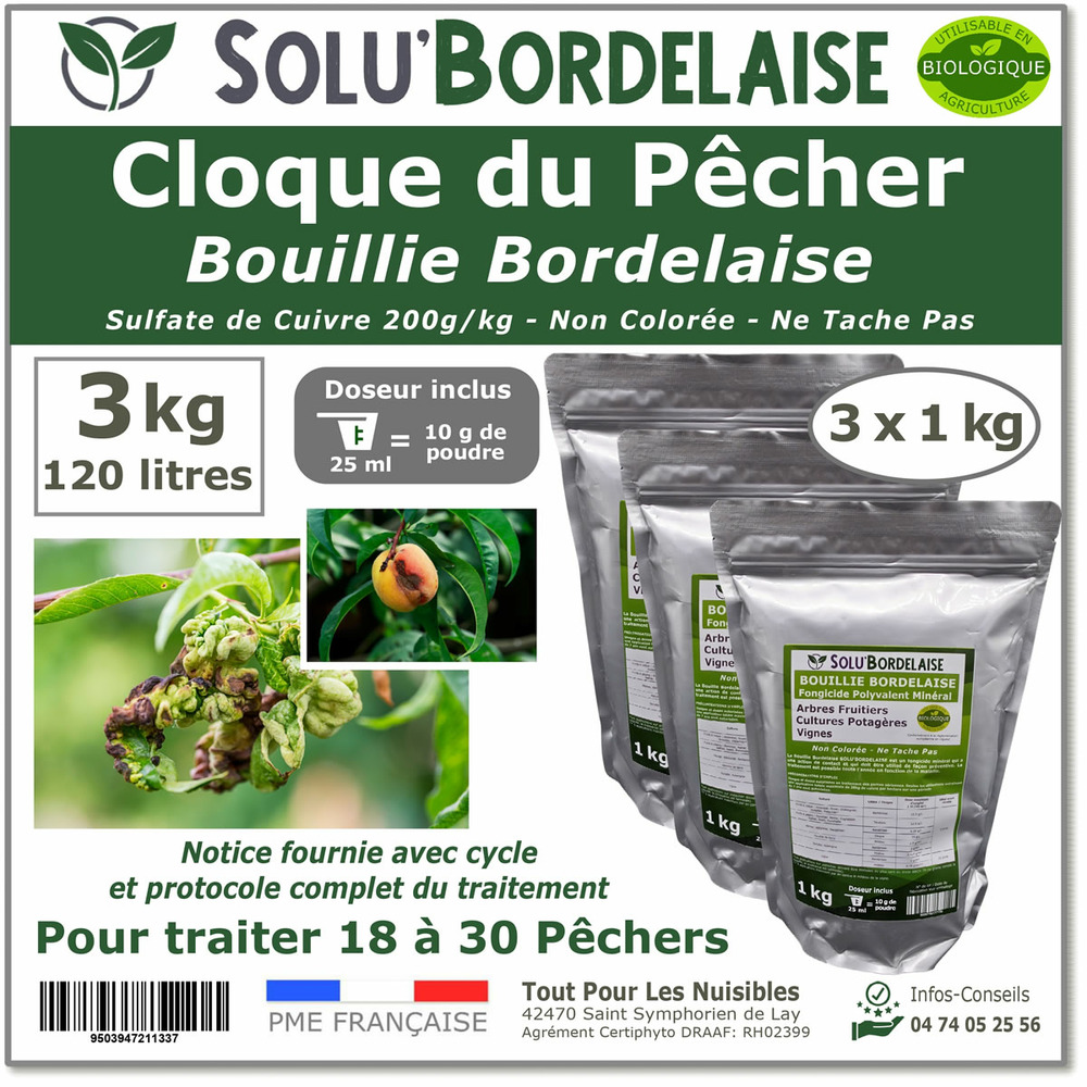 Solu'Bordelaise - Cloque du Pêcher - 3 kg de Bouillie Bordelaise Non Colorée - Polyvalent-Sulfate de Cuivre 200 g/kg - Doseur Inclus
