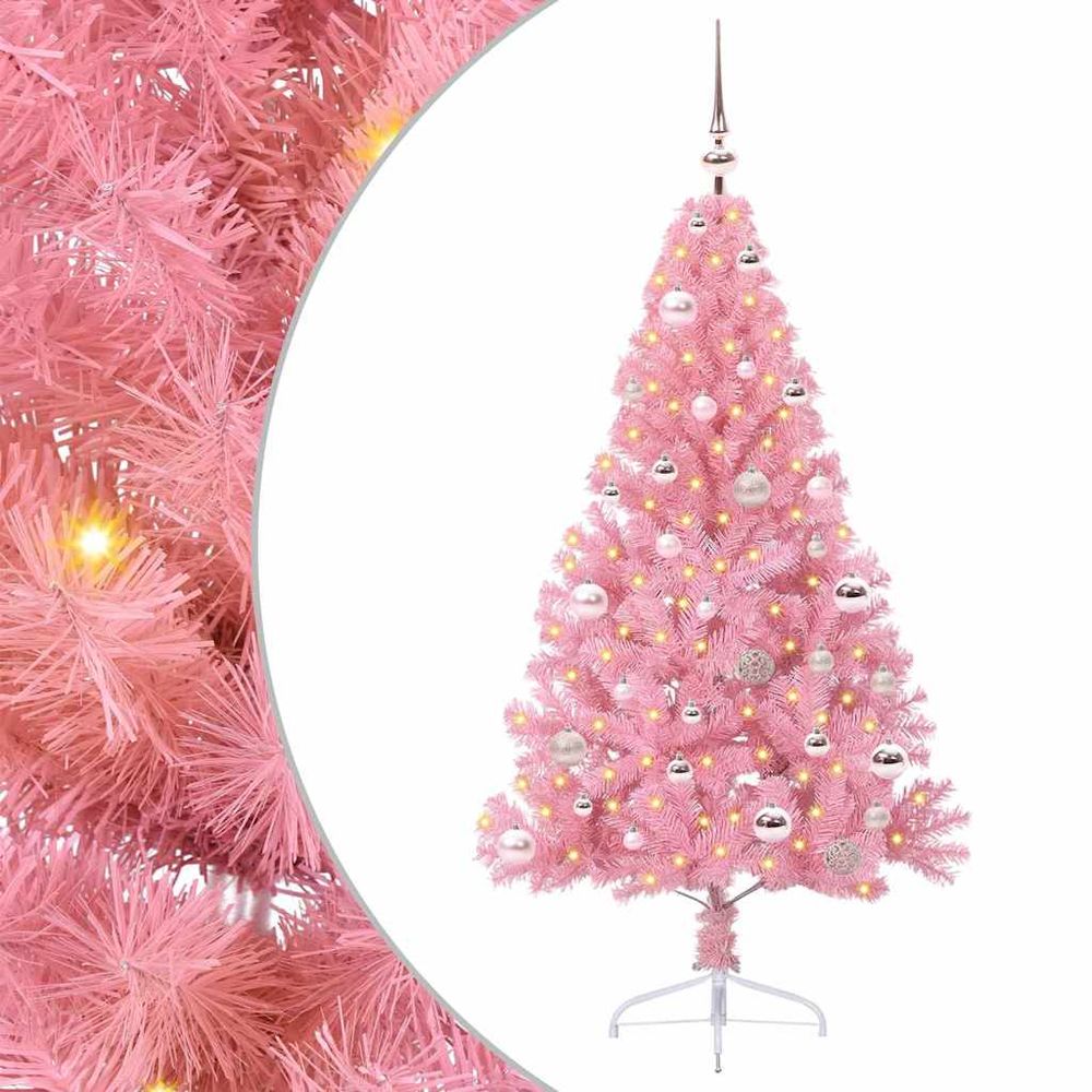 Décoration de noël complète : sapin artificiel rose 150 cm avec lumières led et boules