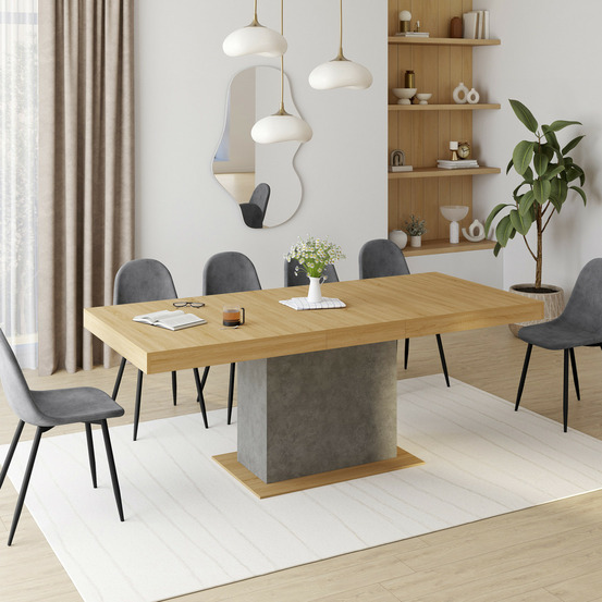 Table à manger extensible rectangle eden 6-10 personnes bois et effet béton 160-200 cm
