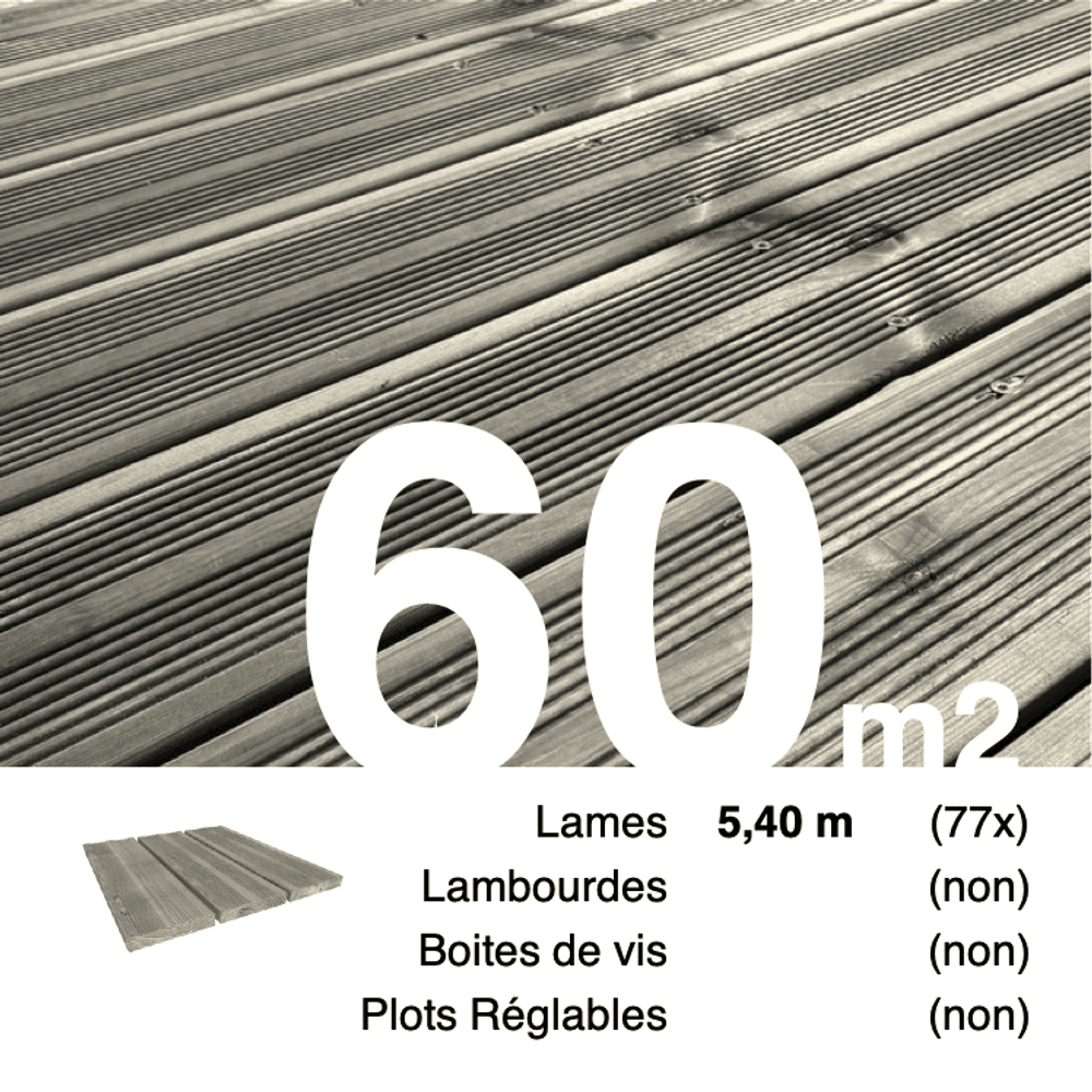 Planches de terrasse pin autoclave gris pour 60 m², longueur 5,4 m.