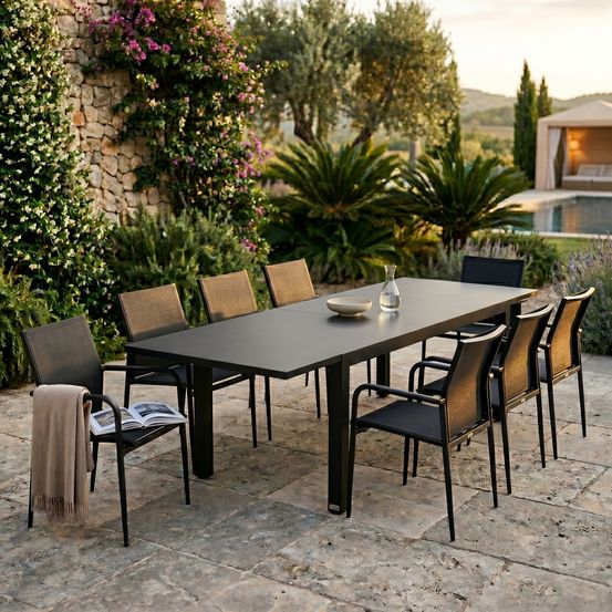 Ensemble de jardin aluminium et verre poli noir 6/10p modulo avec 8 fauteuils