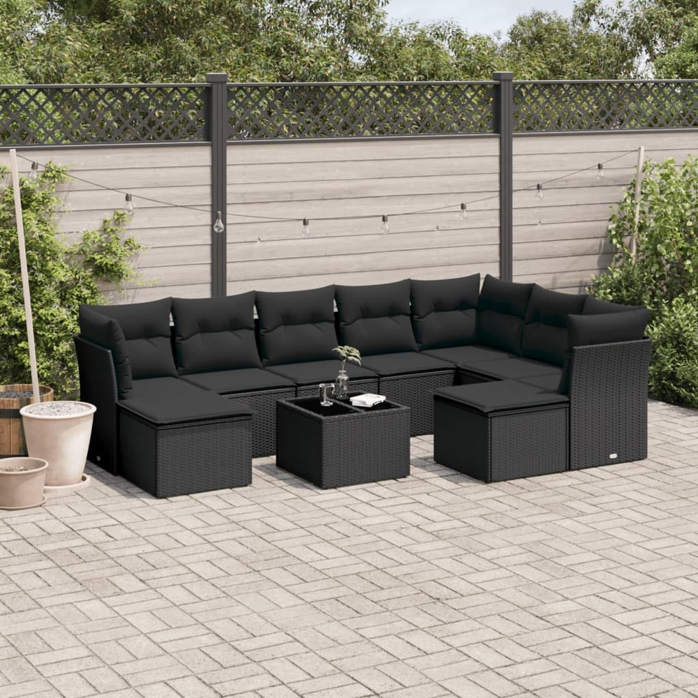 Salon de jardin 10 pcs avec coussins noir résine tressée