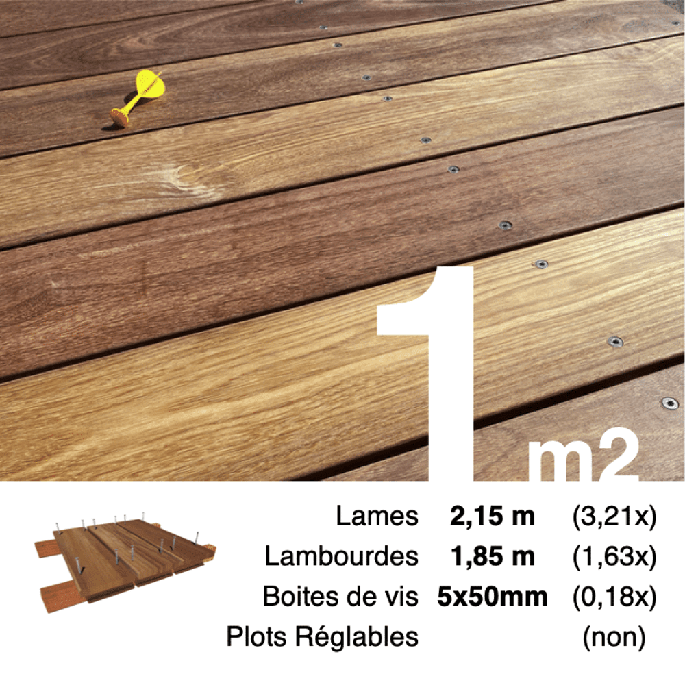 Kit terrasse bois exotique cumaru pour 1 m², lames 2,15 m, lambourdes 1,85 m et visserie inox.