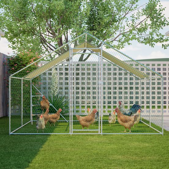 Enclos poulailler volière métal 3 x 4 m gris toit étanche porte verrouillable