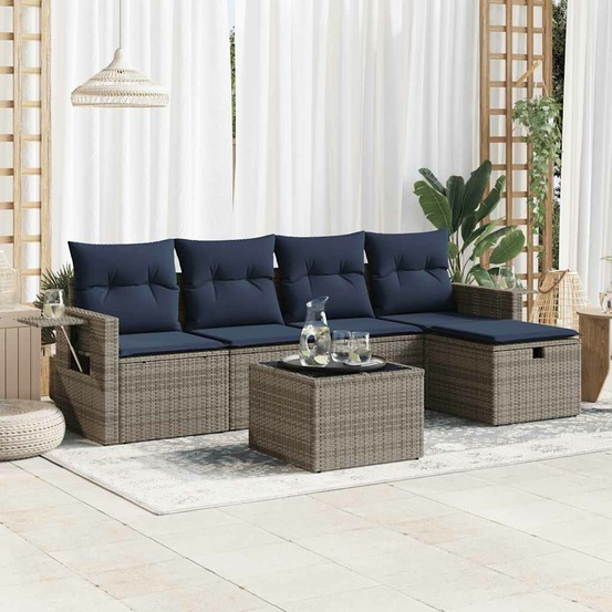 Salon de jardin 6 pcs avec coussins gris résine tressée
