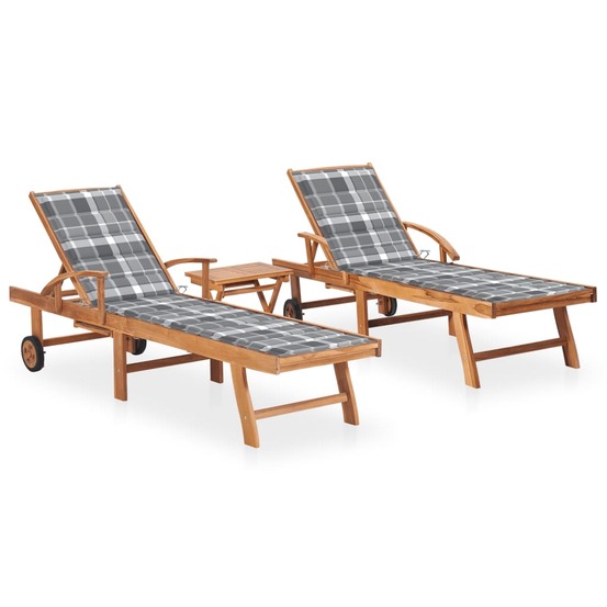 Chaises longues lot de 2 avec table et coussin bois teck solide