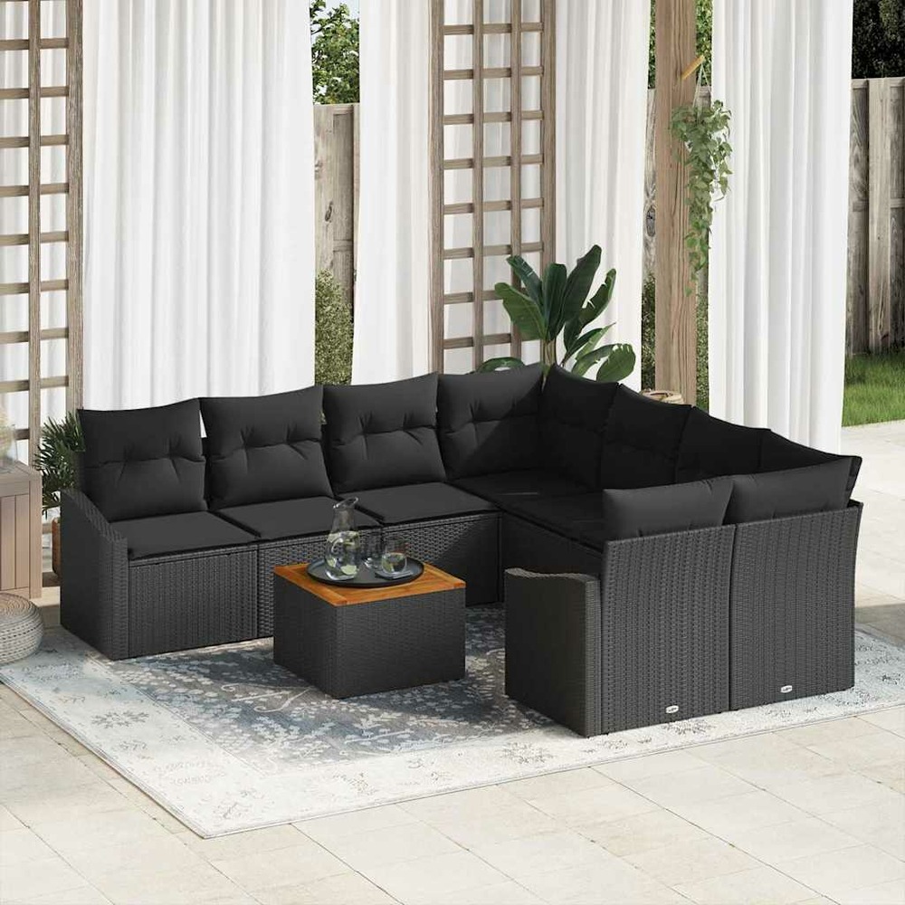 Ensemble de canapé de jardin avec coussin 9 pcs noir polyrotin