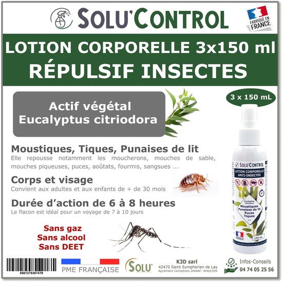 Solu'control lotion repulsive moustiques 3x150 ml repulsif corps et visage sans deet moustique tigre tiques puces