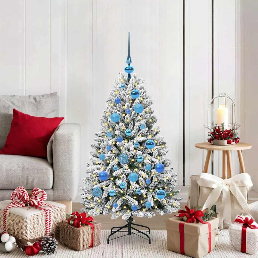 Sapin de noël effet neige 120 cm, kit déco lumineux avec led et 61 boules incluses