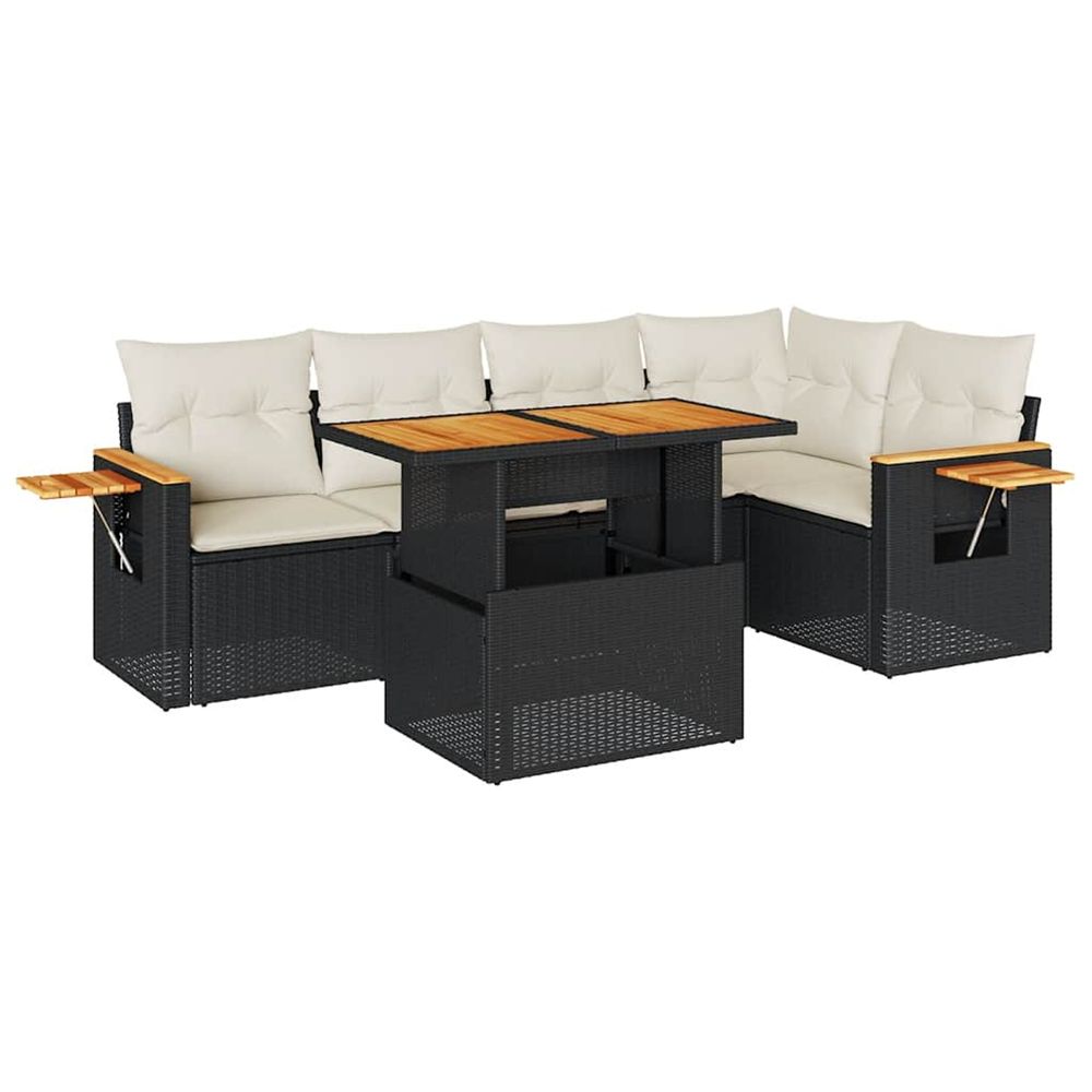 Salon de jardin 6 pcs avec coussins noir résine tressée acacia