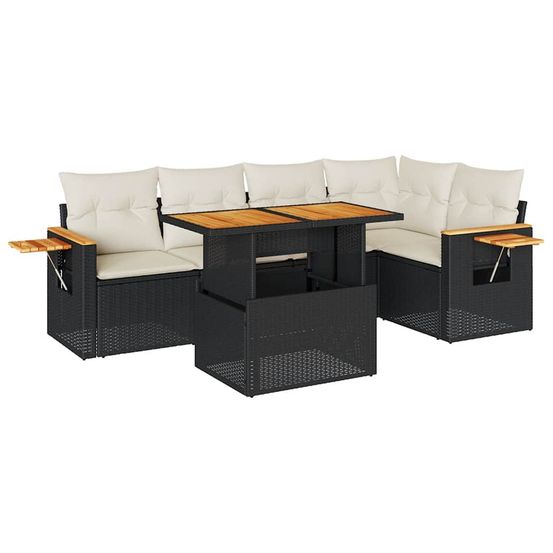 Salon de jardin 6 pcs avec coussins noir résine tressée acacia