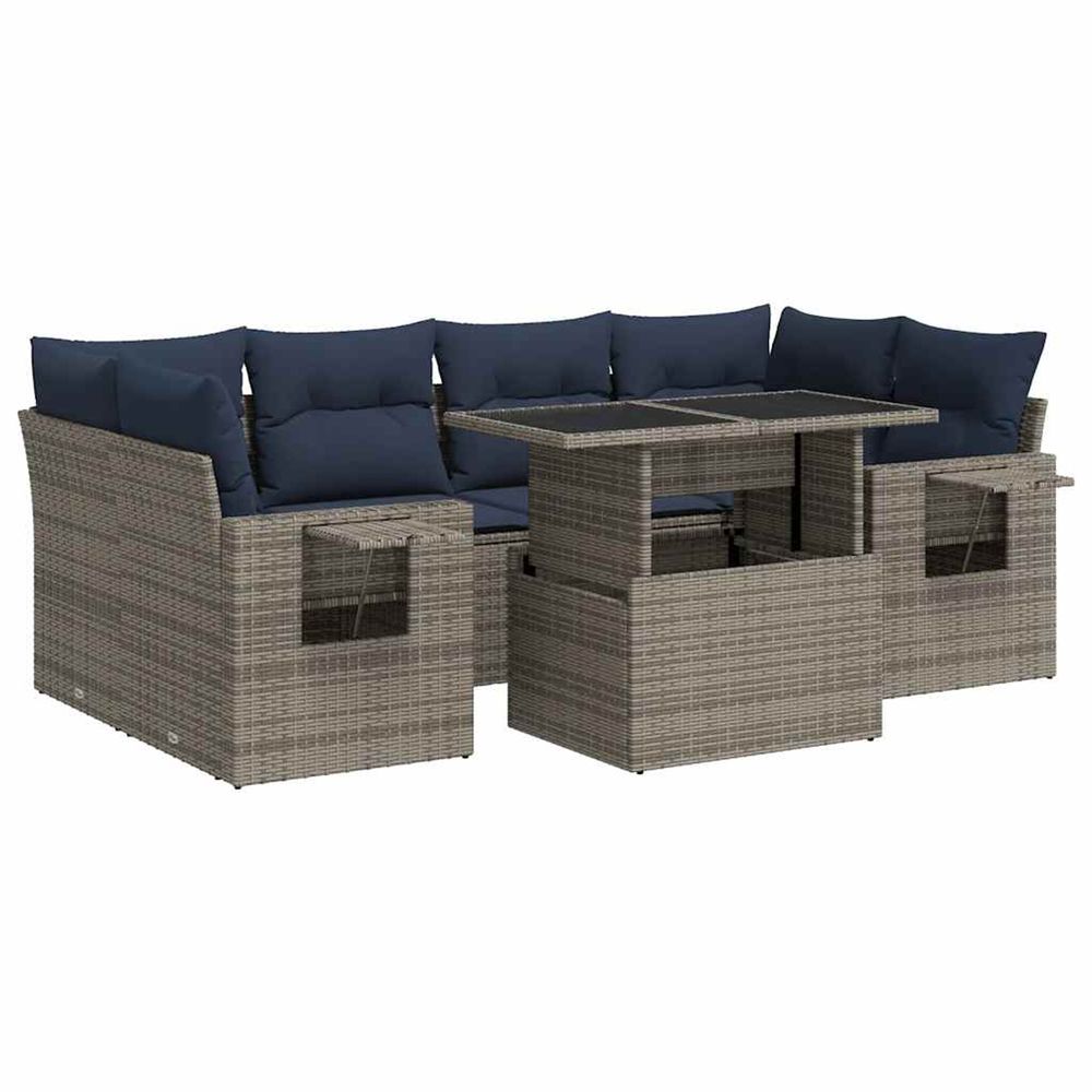 Salon de jardin avec coussins 7 pcs gris résine tressée