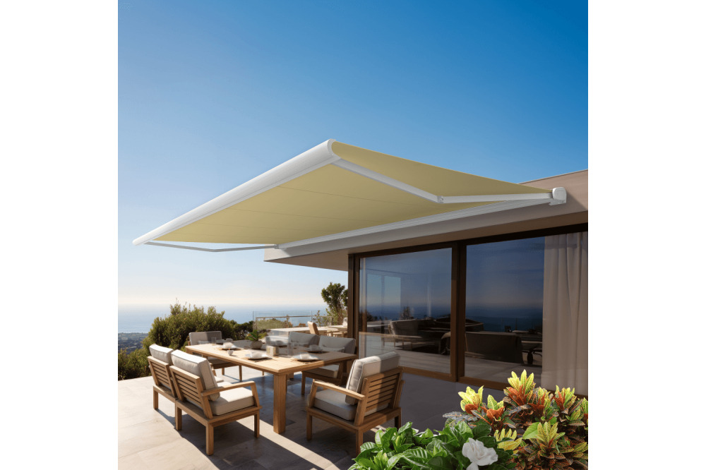 Store banne coffre intégral protect 2 smart blanc 4,05x3,5m motorisé à  télécommande + capteur vent - toile ecrue