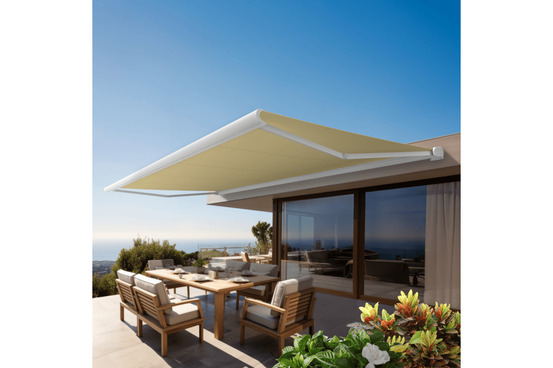 Store banne coffre intégral protect 2 smart blanc 4,05x3,5m motorisé à télécommande + capteur vent - toile ecrue