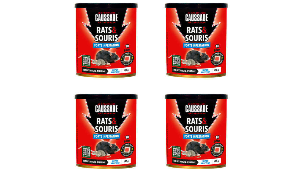 Caussade anti rats & souris - forte infestation - lieux secs & humides - 40 sachets pâtes -  prêt à l'emploi - 600g - carspt150nx4