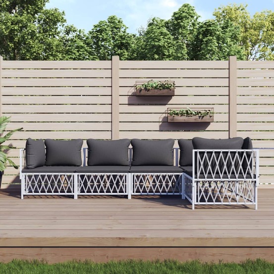 Salon de jardin avec coussins 5 pcs blanc acier