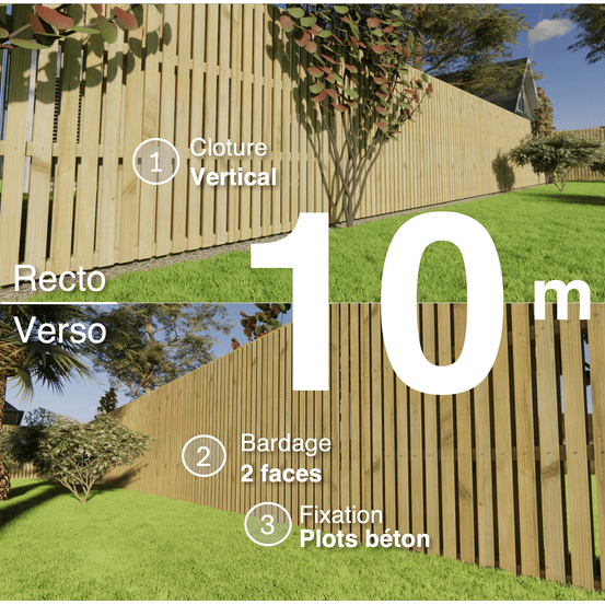 Kit clôture bois moderne 10m – h 1,9m – 20 x 60 mm autoclave vert – pose vertical – double face – à sceller