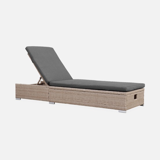 Bain de soleil résine tressée, coussins polyester, multi positions, olbia l195 x p65 x h32/97cm
