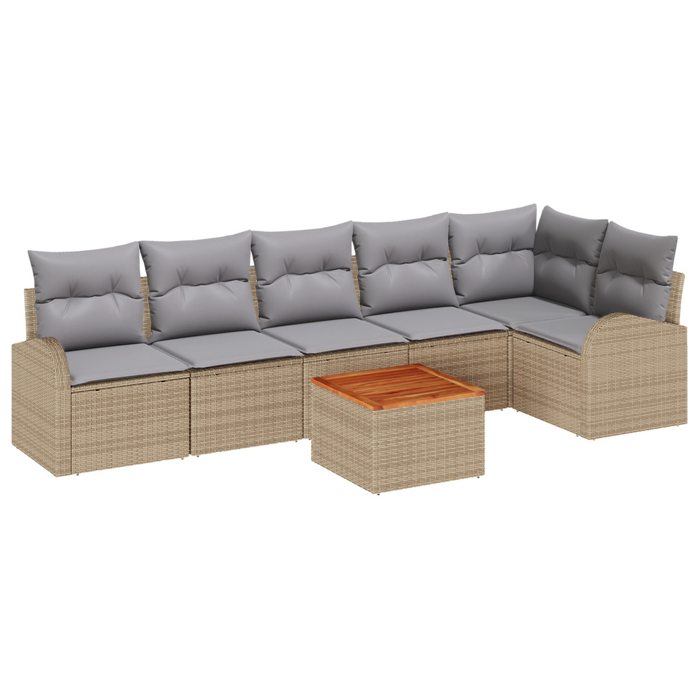 Ensemble de canapé de jardin 7 pièces avec coussins beige poly rattan acacia