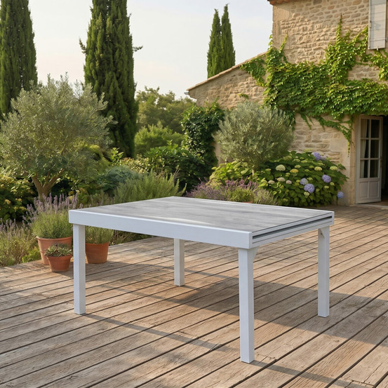 Table modulo 6/10 personnes structure aluminium blanche, plateau en verre décors bois