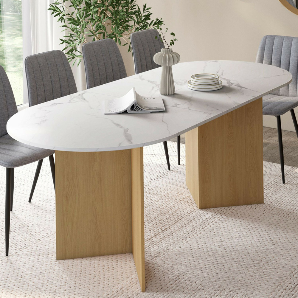 Table à manger extensible ovale marthe 6 -10 personnes plateau marbre blanc alaska et bois façon hêtre 160-200 cm