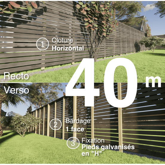 Kit clôture bois moderne 40m – h 1,9m – 20 x 70 mm noir par trempage – pose horizontal – simple face – support galva