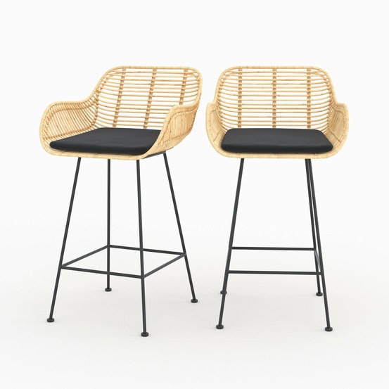 Pops-lot de 2 chaises pour îlot central 66 cm en rotin et tissu noir