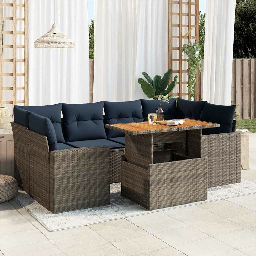 Salon de jardin avec coussins 7 pcs gris résine tressée