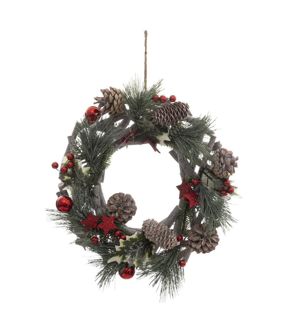 Couronne de noël en bois avec branchage et déco rouge pailletée d 30 cm