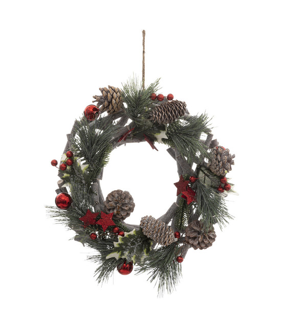 Couronne de noël en bois avec branchage et déco rouge pailletée d 30 cm