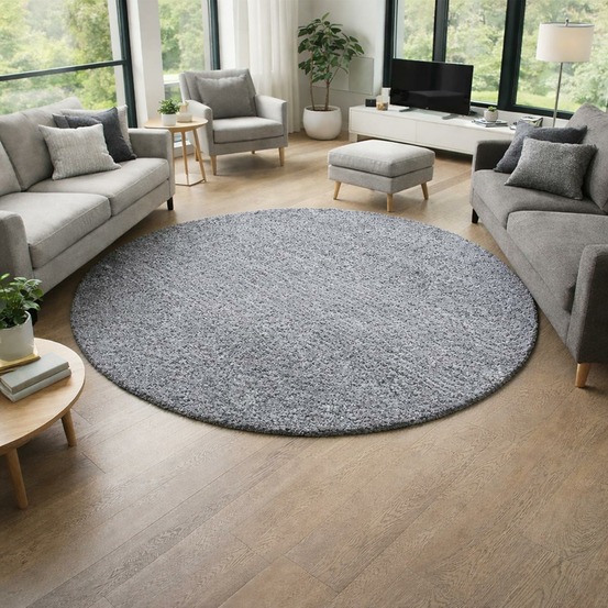 Tapis rond poils longs shaggy ø160cm tissé gris motif uni uni l