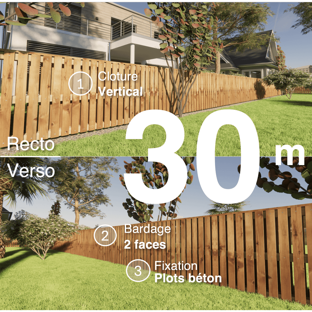 Kit clôture bois moderne 30m – h 0,9m – 20 x 70 mm autoclave marron – pose vertical – double face – à sceller