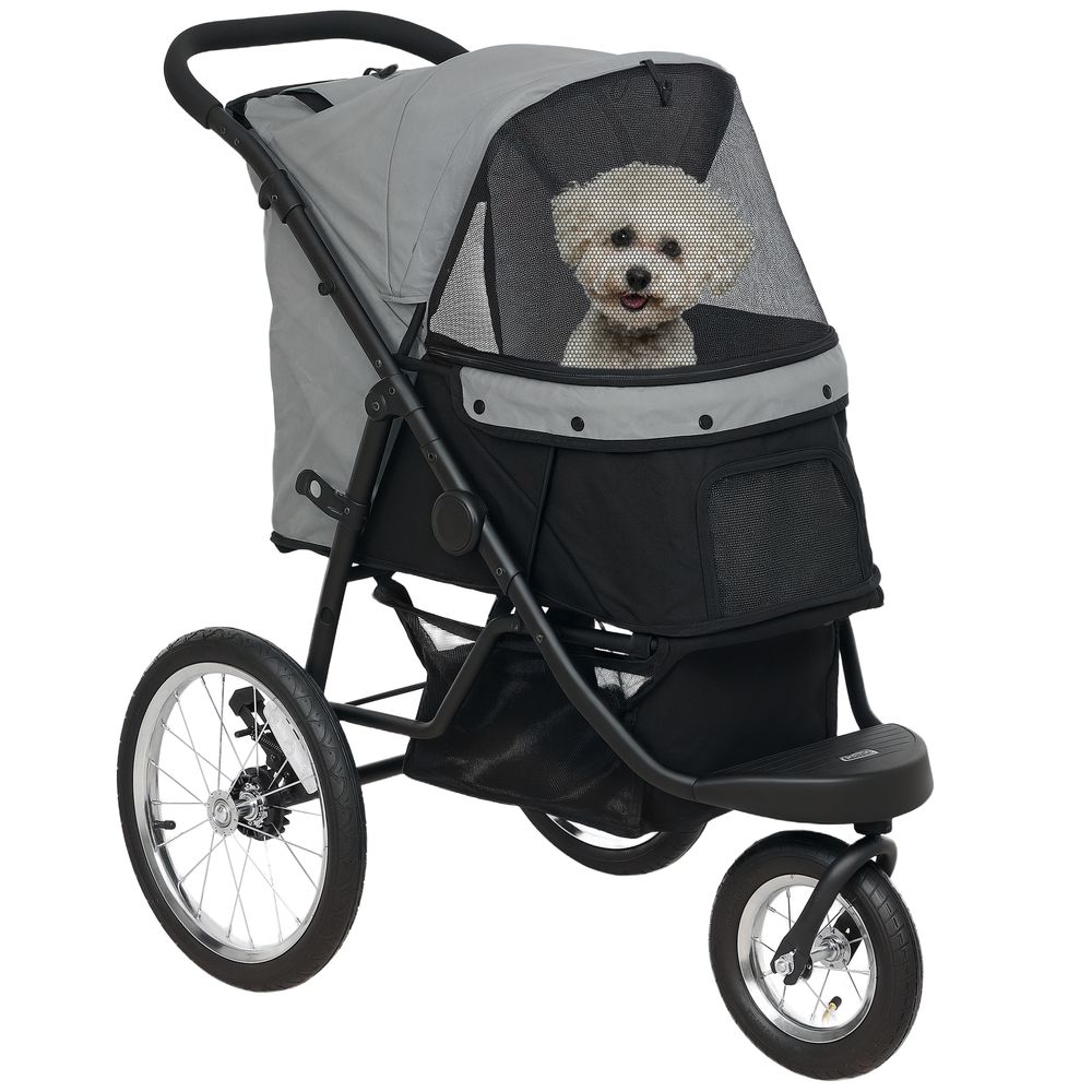 Poussette jogging chien tissu oxford balade sportive roues gonflables gris