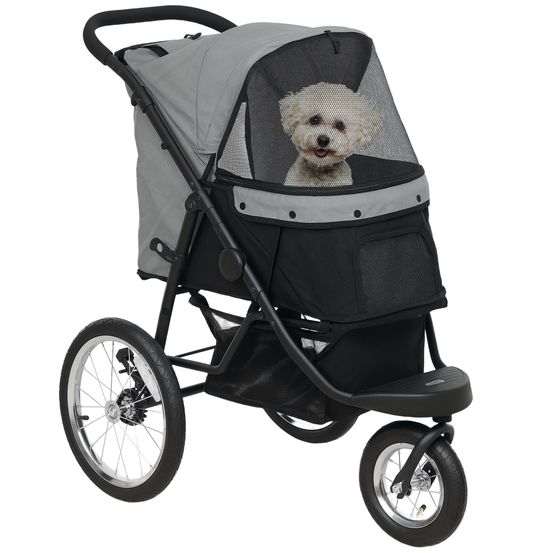 Poussette jogging chien tissu oxford balade sportive roues gonflables gris