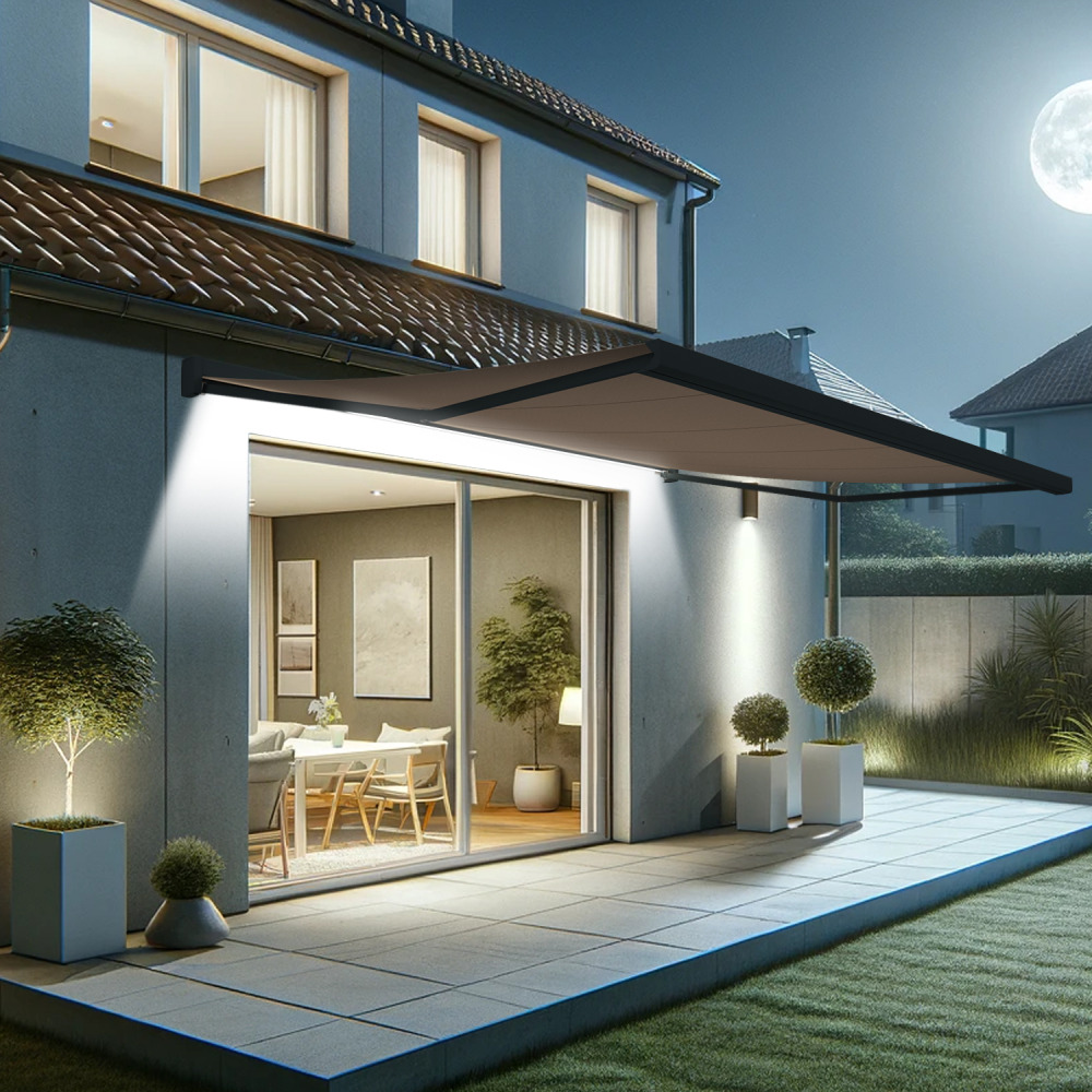 Store banne coffre intégral soa 5,00x3,50 m (motorisé secours à télécommande + led - gris anthracite stucturé ral7016st - taupe)