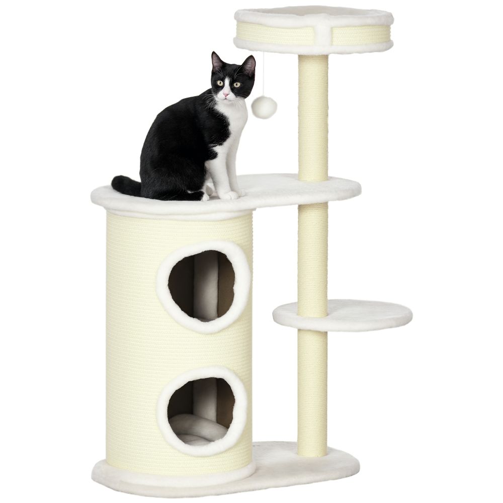 Arbre à chat en sisal pour félin avec niche et jouet suspendu 100cm crème