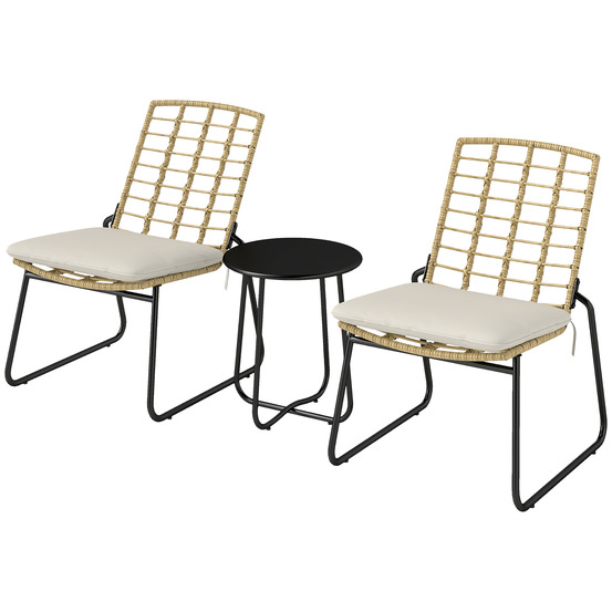Ensemble bistro de jardin 3 pièces : 2 fauteuils rotin + table métal, coussins, beige & marron