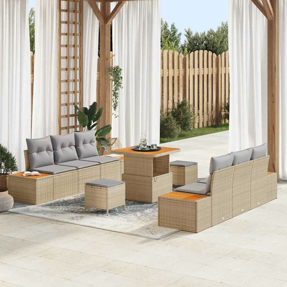 Ensemble de canapé de jardin 9 pcs beige polyrotin