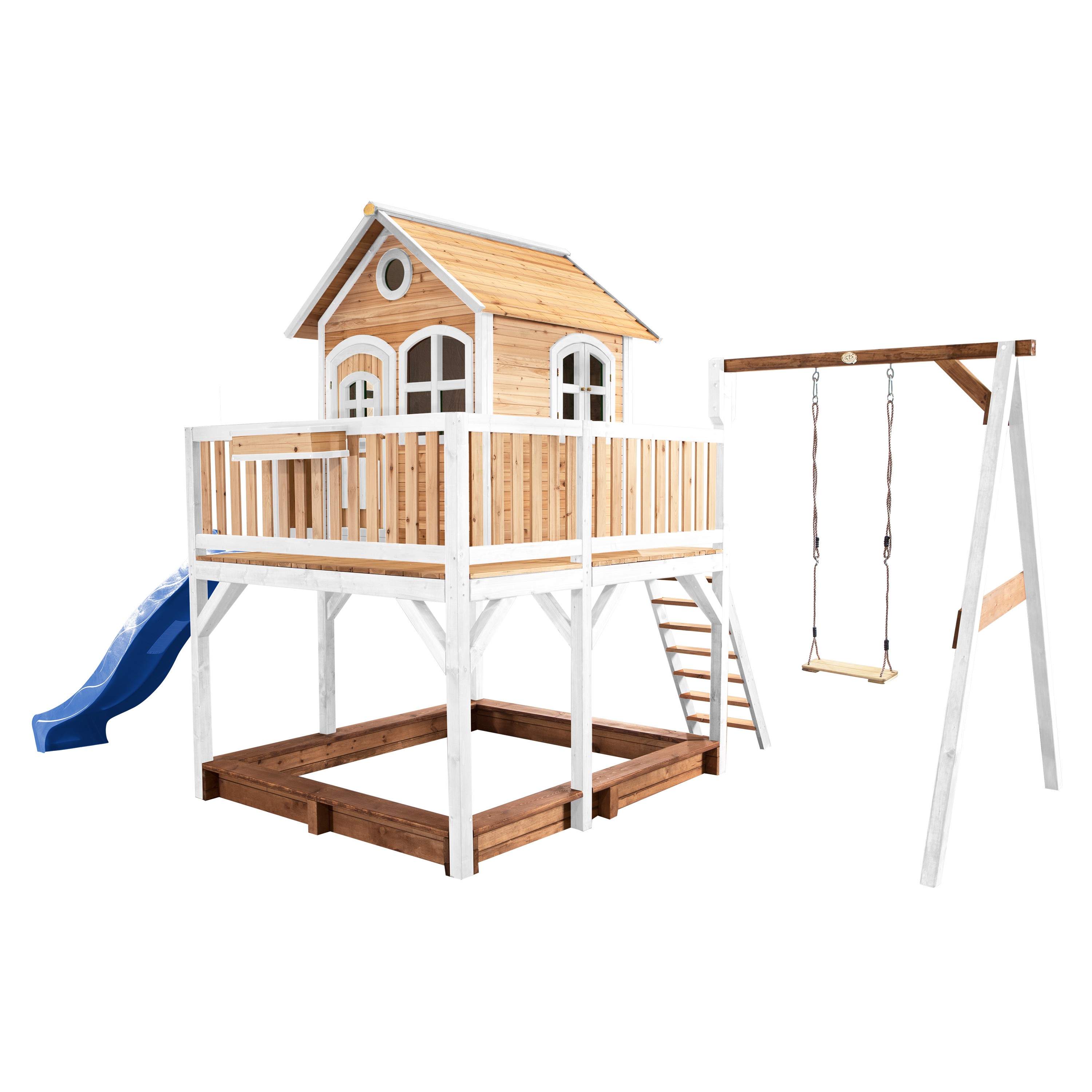 Axi liam maison enfant avec bac à sable, balançoire & toboggan bleu