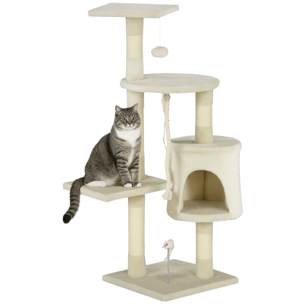Arbre à chat multi-niveaux en sisal avec niche et plateformes tour de jeu 116 cm beige